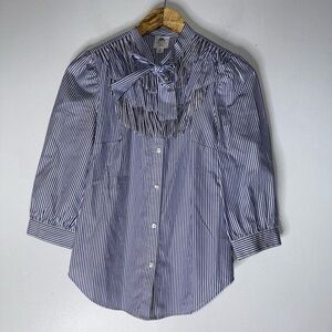 J Crew Thomas Mason Ruffle Navy & White Striped‎ Tie Neck Shirt Size 00